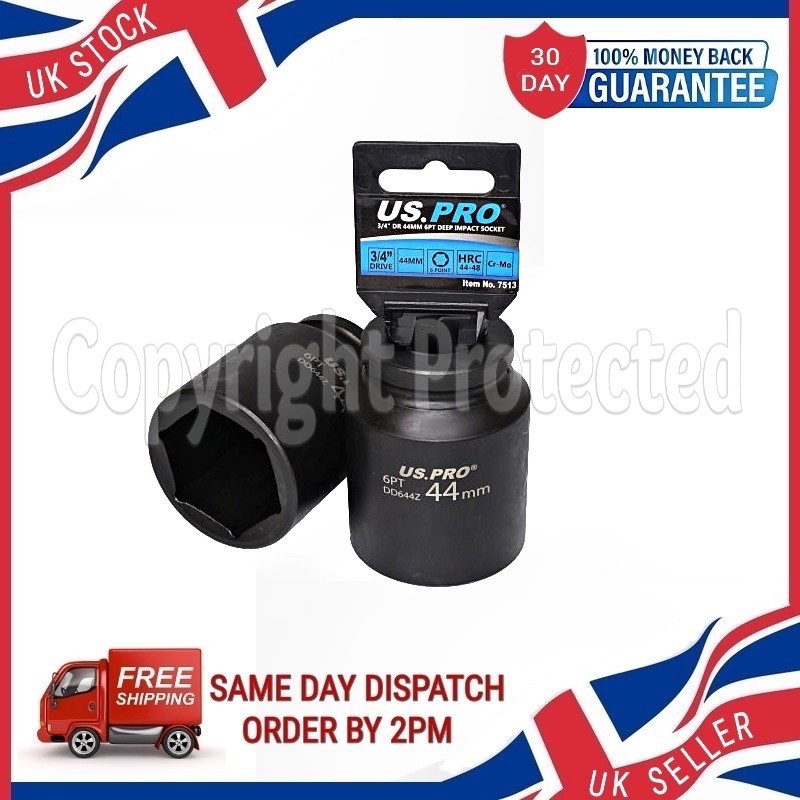 US PRO 44MM DEEP IMPACT SOCKET 6PT SINGLE HEX CR-MO WRENCH LONG REACH 3/4″ DRIVE