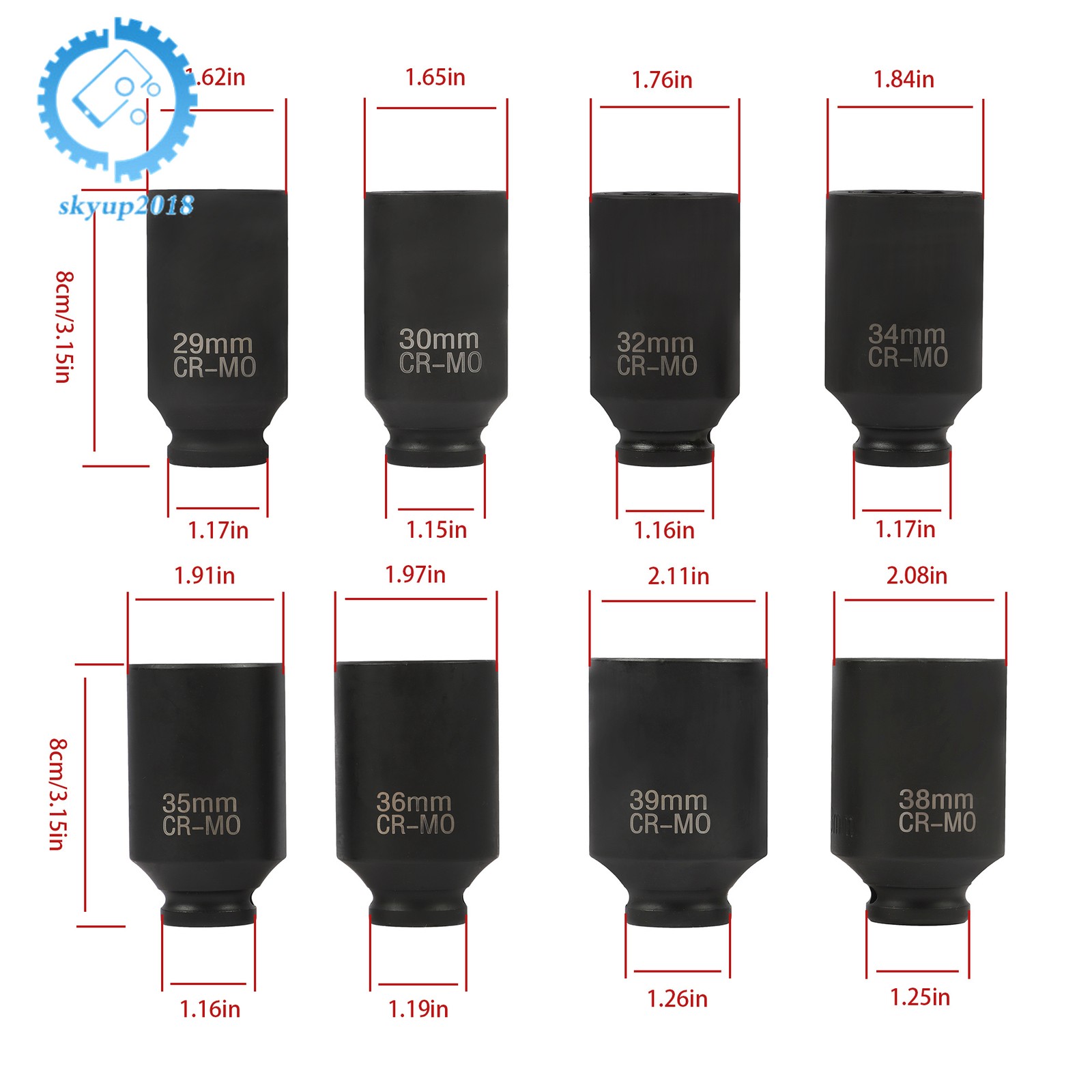 8PCS 1/2″ Impact Socket Set 12Point Drive Deep Spindle Axle Nut 1″ to 1-1/2″