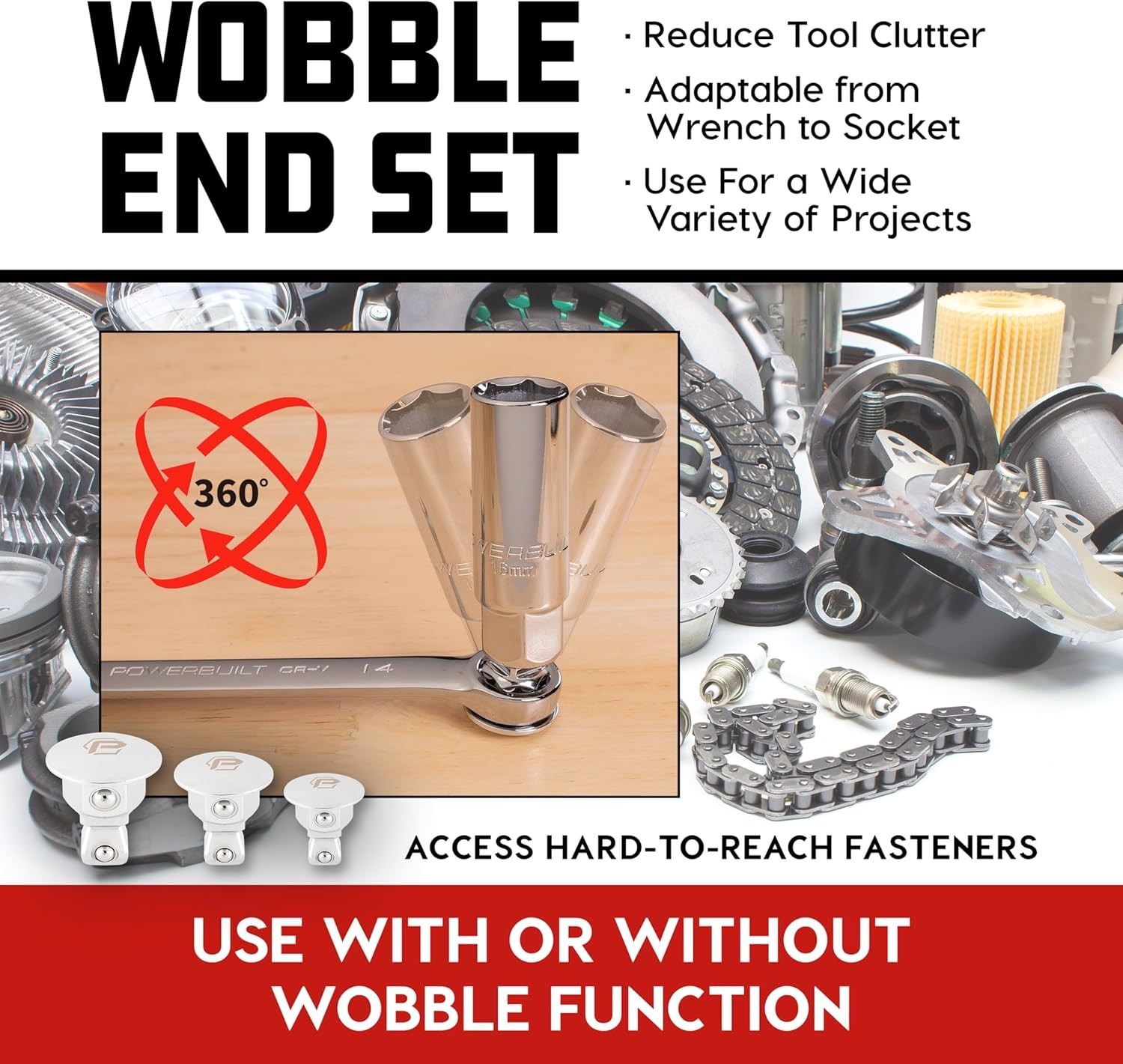 Wrench Wobble Adapter Set 6 Piece Low Profile Socket 1/4 3/8 1/2 Inch