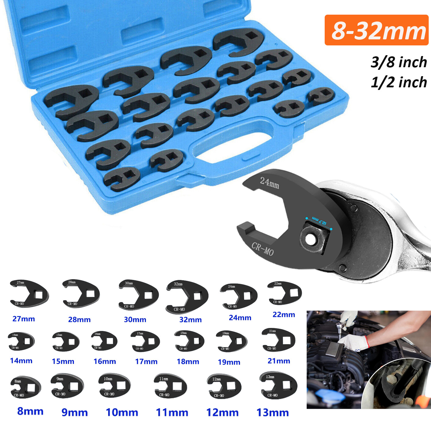 19PCS Crows foot Wrench Set 1/2″ and 3/8” Drive Flare Nut Crowfoot Wrench Set
