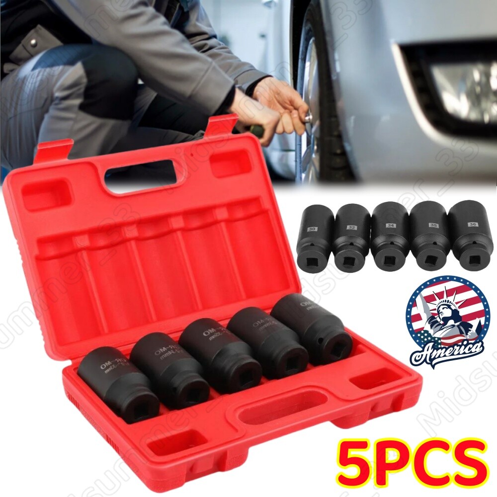 5Pcs 1/2″ Drive Deep Impact Axle Hub Socket Set 6 Point 33mm 34mm 35mm 36mm 38mm