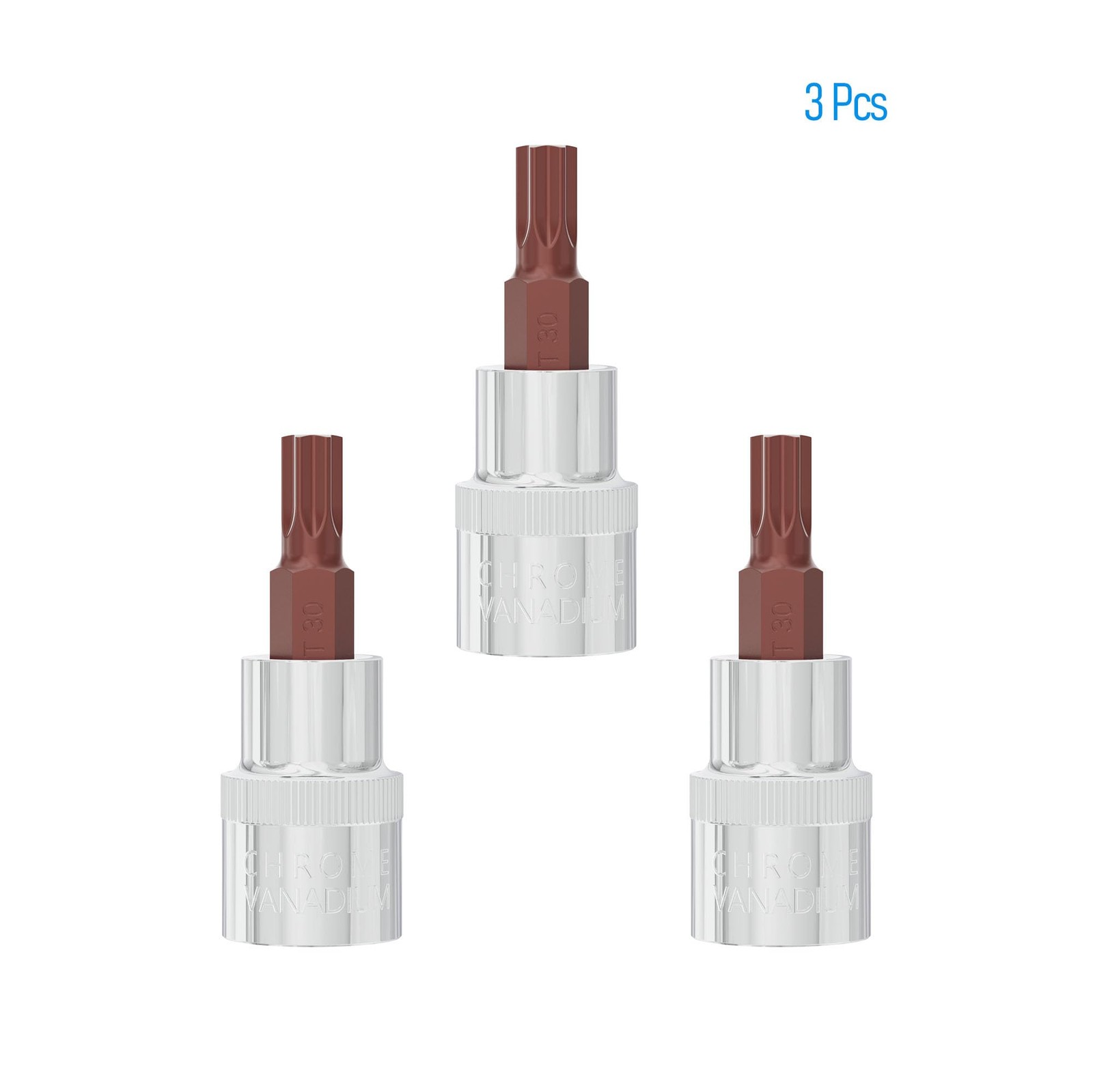 FOCMKEAS 3PCS 3/8″ Drive T30 Torx Bit Socket, S2 Steel T30, Silver, Dark Red