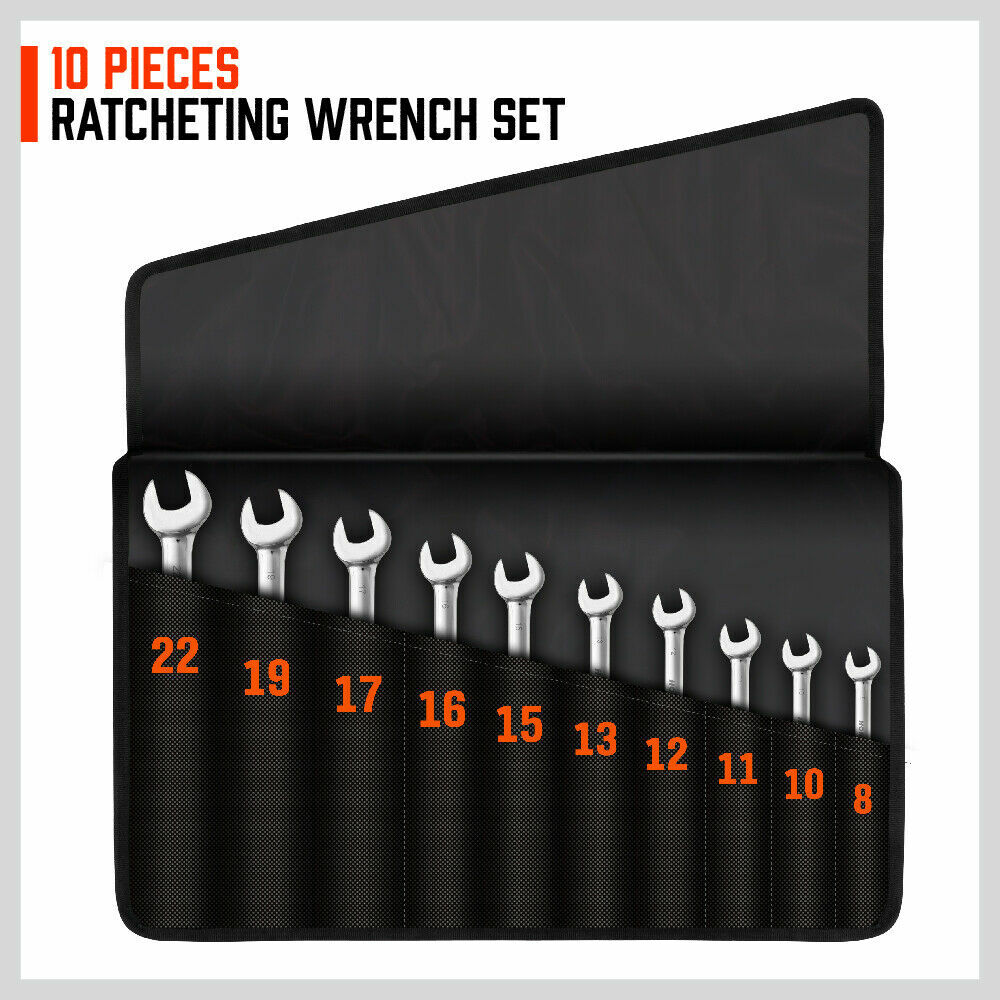 10Pc 8-22mm Flexible Head Ratcheting Wrench Combination Spanner Auto Tool Metric