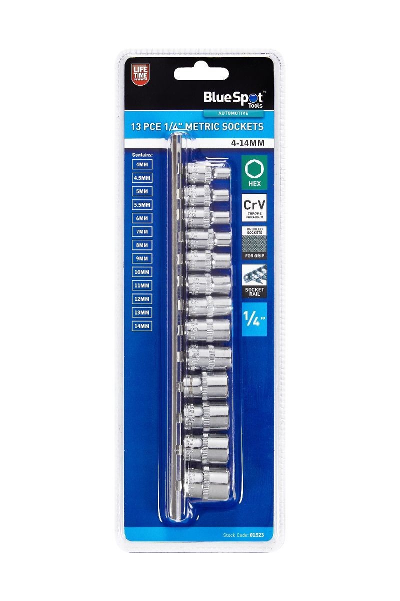 Blue Spot 1/4″ Drive Metric Socket Set 4-14mm 13pc Hex Sockets Rail Professional