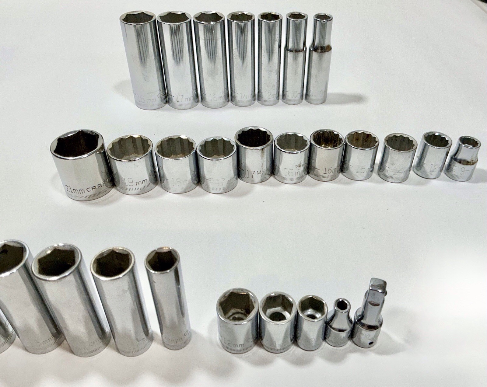 Lot 38 Asst. Craftsman Metric Sockets 1/2″ 3/8″ 1/4″ Drives & 2 Extensions -READ