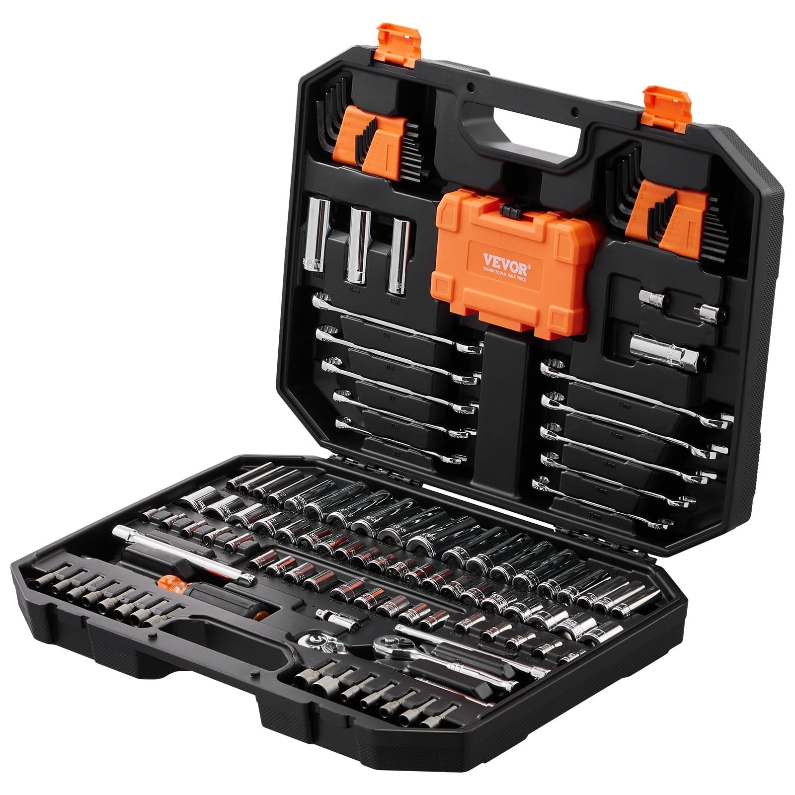 145 Pcs Mechanics Tool Set – SAE & Metric Sockets, Wrenches, Bits, Storage Case