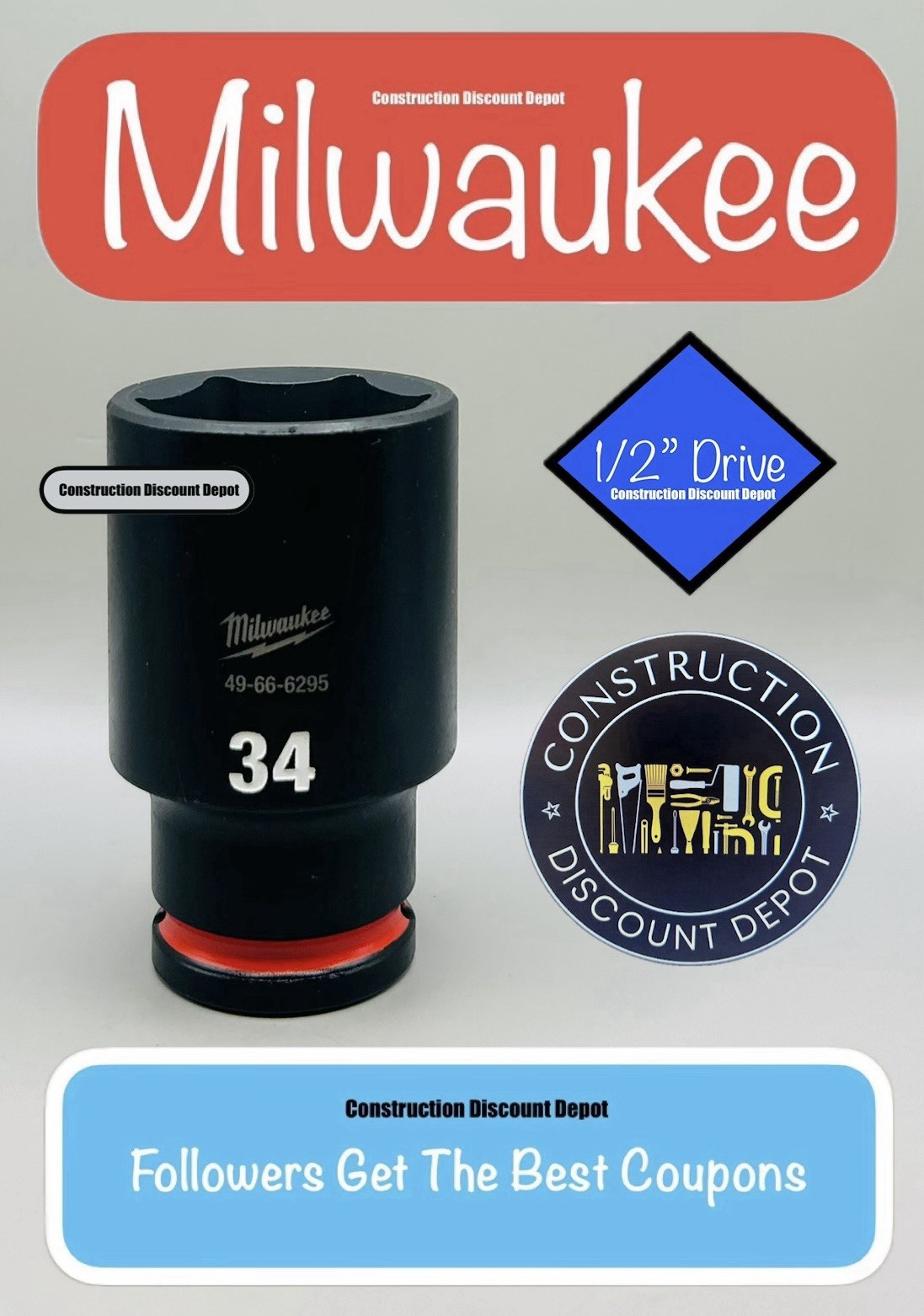 Milwaukee 49-66-6295 34MM Shockwave Impact Duty 1/2″ Drive Deep Socket 34 mm