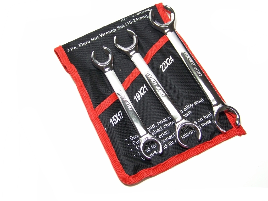 3 pc Flare Nut Wrench Set Metric 15, 17, 19, 21, 22, 24MM Open End Wrench kit