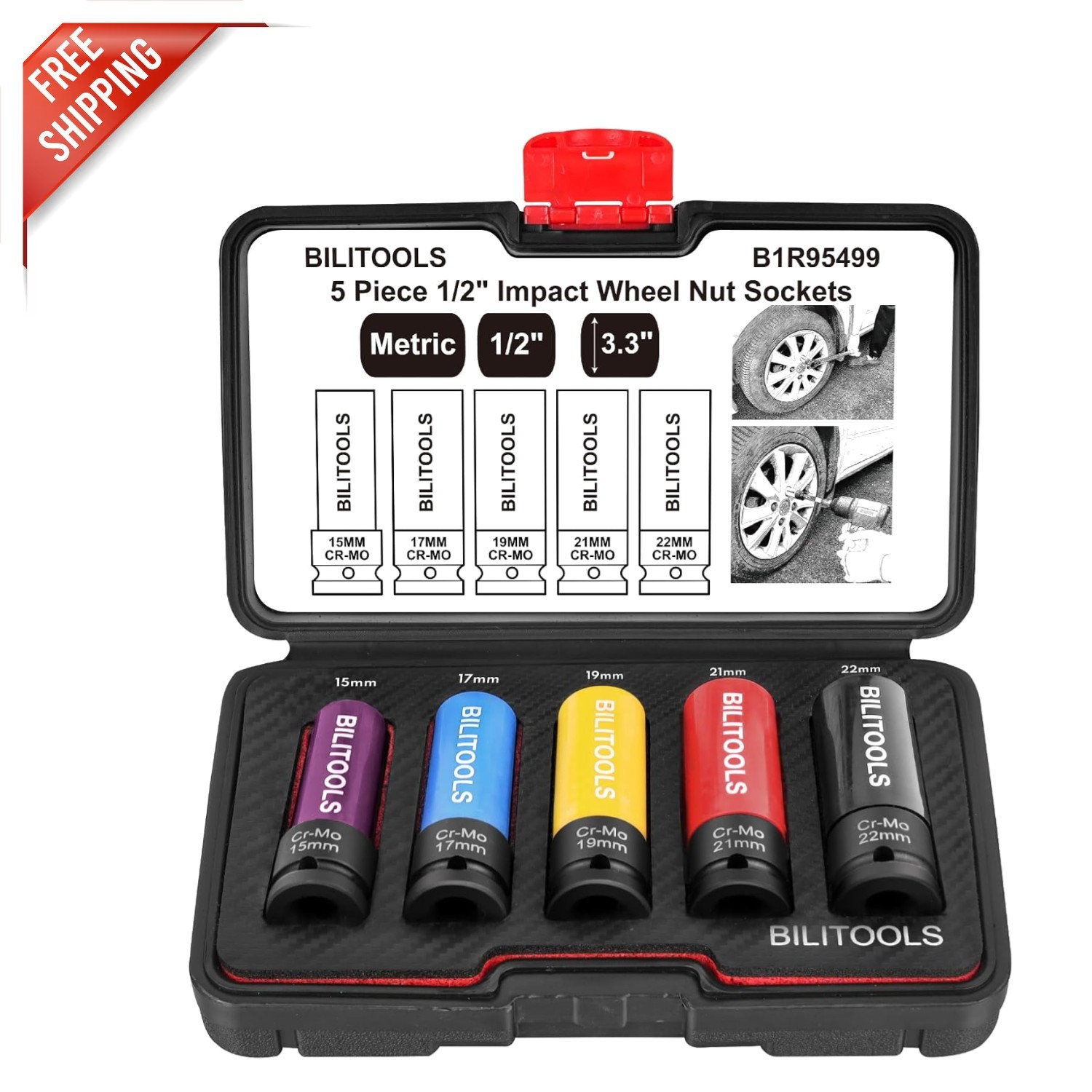 Durable Non-Marring 1/2 Inch Drive Lug Nut Socket Set – 15, 17, 19, 21, 22MM