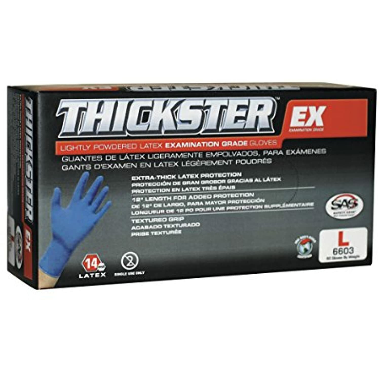 SAS Safety 6604 Thickster X-Large Textured Exam Grade Latex Gloves, Blue
