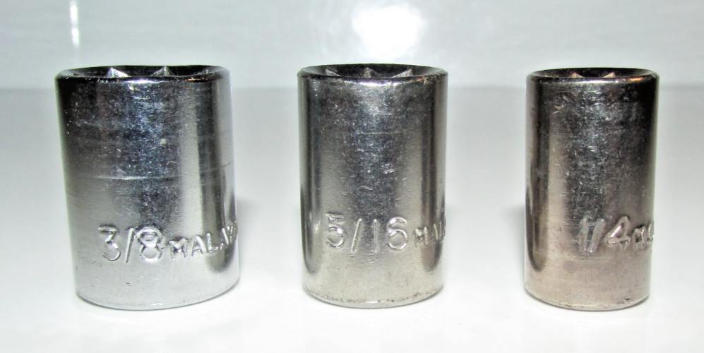 T #171 – Set of 3 sockets marked Malaysia, 3/8″, 5/16″, 1/4″ See description
