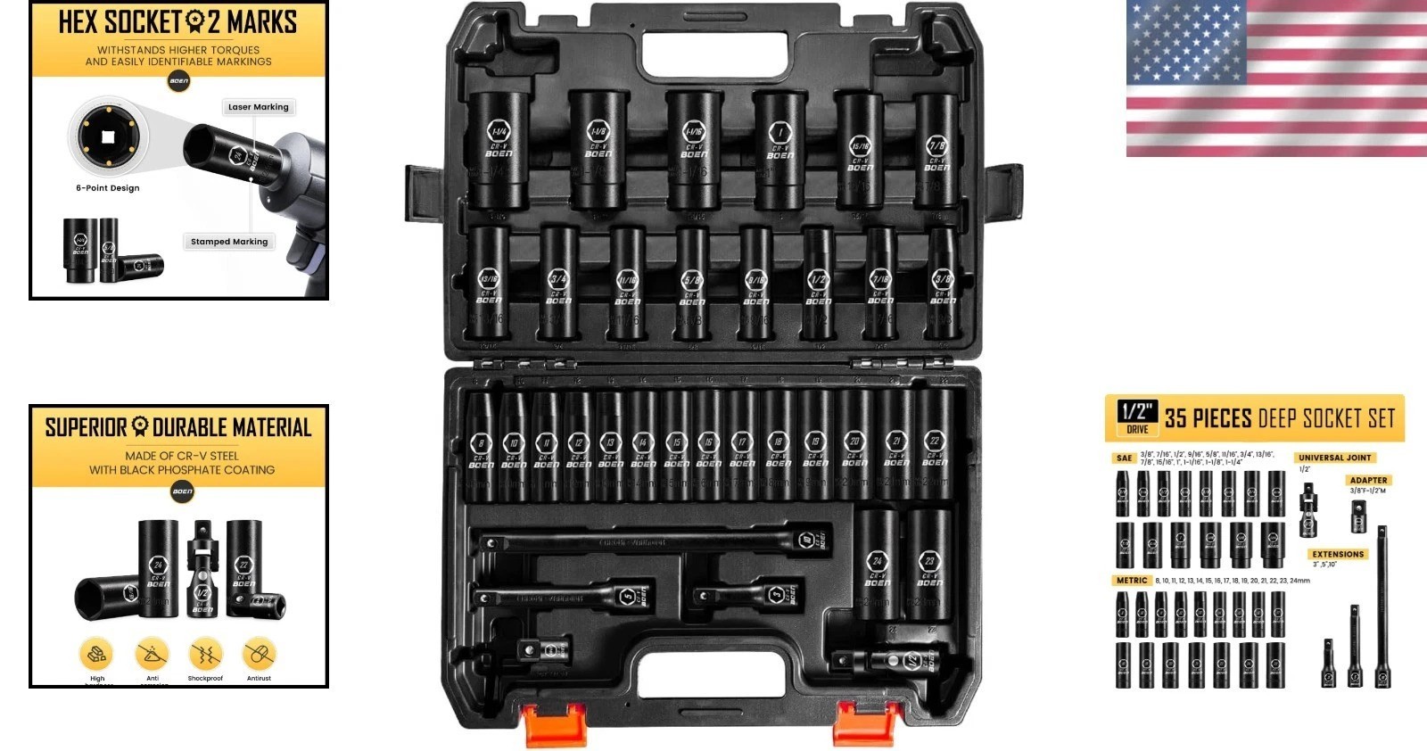 Durable 35-Piece Chrome Vanadium 1/2″ Drive Impact Socket Set with Extensions