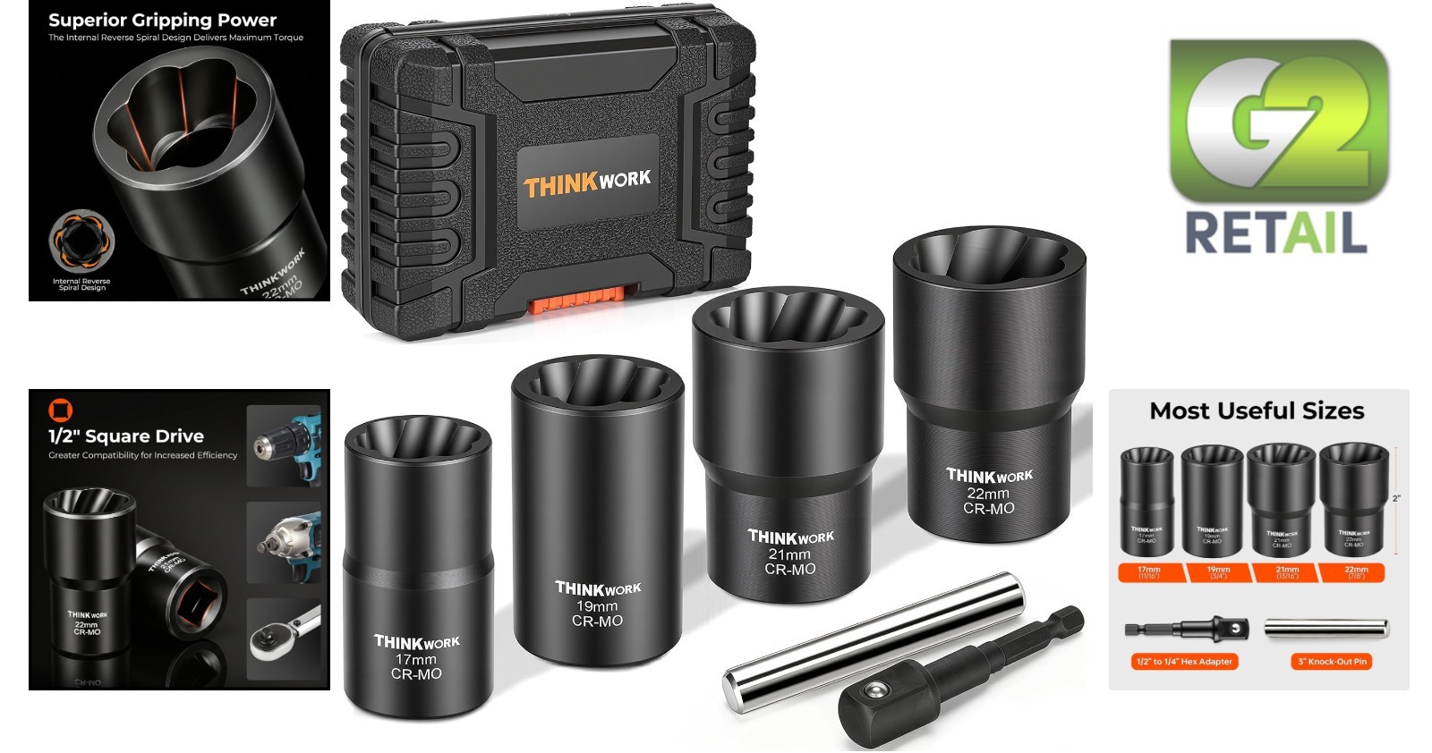 Durable 6-Piece Chrome Molybdenum Lug Nut and Bolt Extractor Set 1/2 Inch Drive