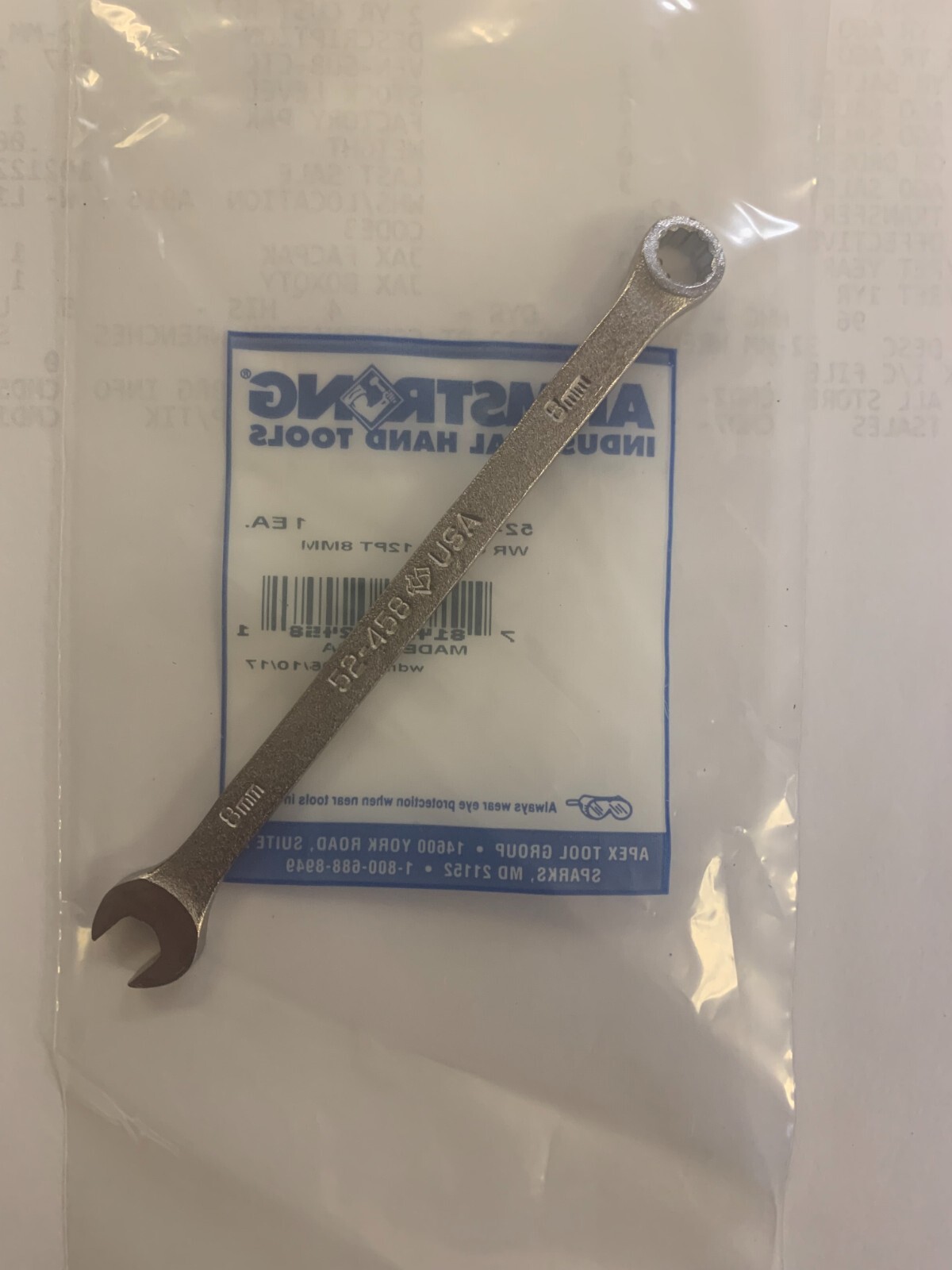 ARMSTRONG 52-458 8MM 12-POINT SATIN FINISH LONG COMBINATION WRENCH 52458