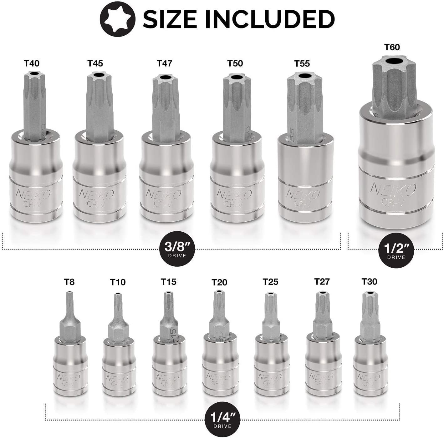 NEIKO 10073A Tamper Proof Torx Bit Socket Set |13-Piece | S2 Steel 13 Piece