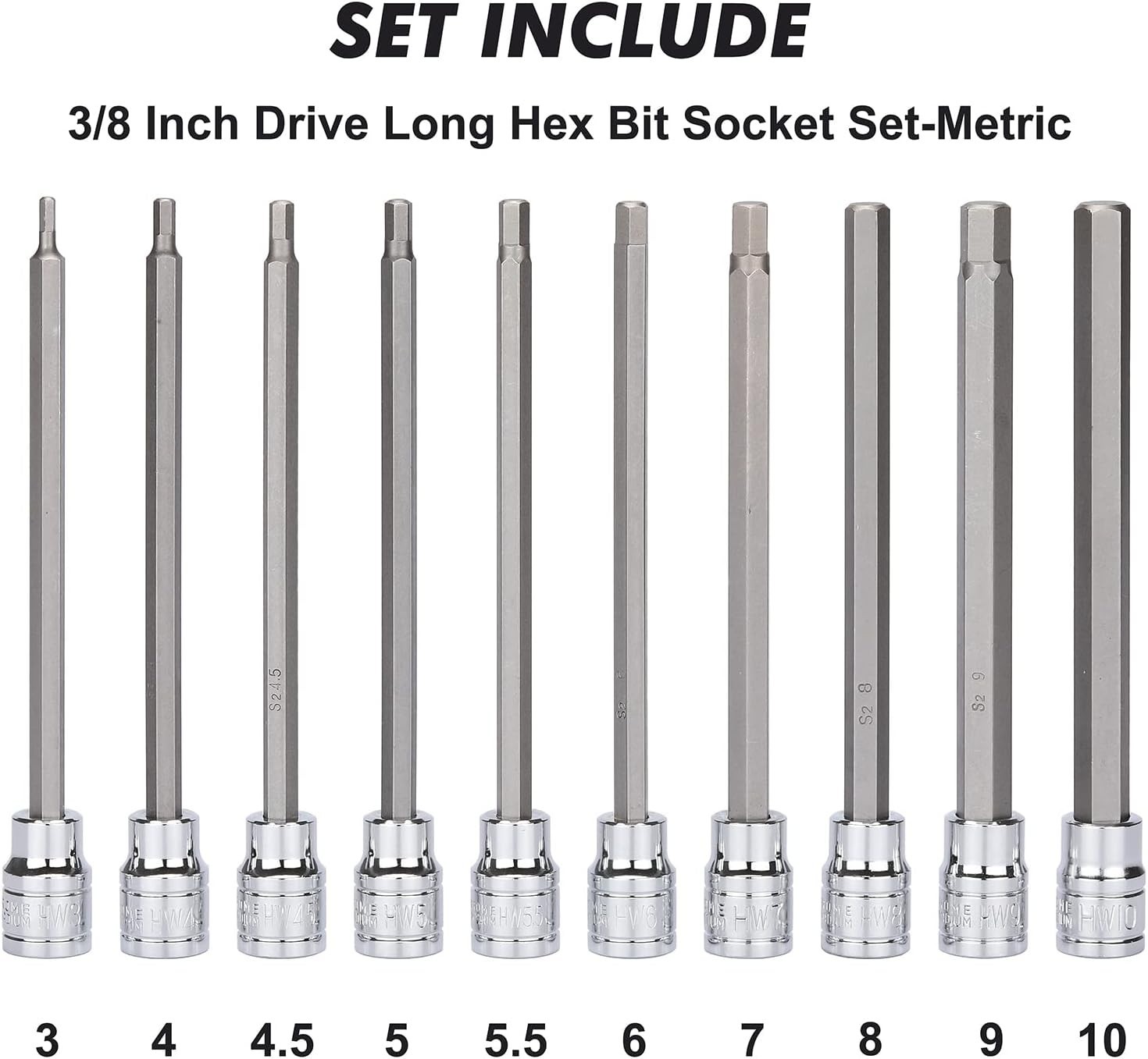 Professional 3/8 Inch Drive Long Hex Bit Set – 18 Pieces with Handy Storage Case