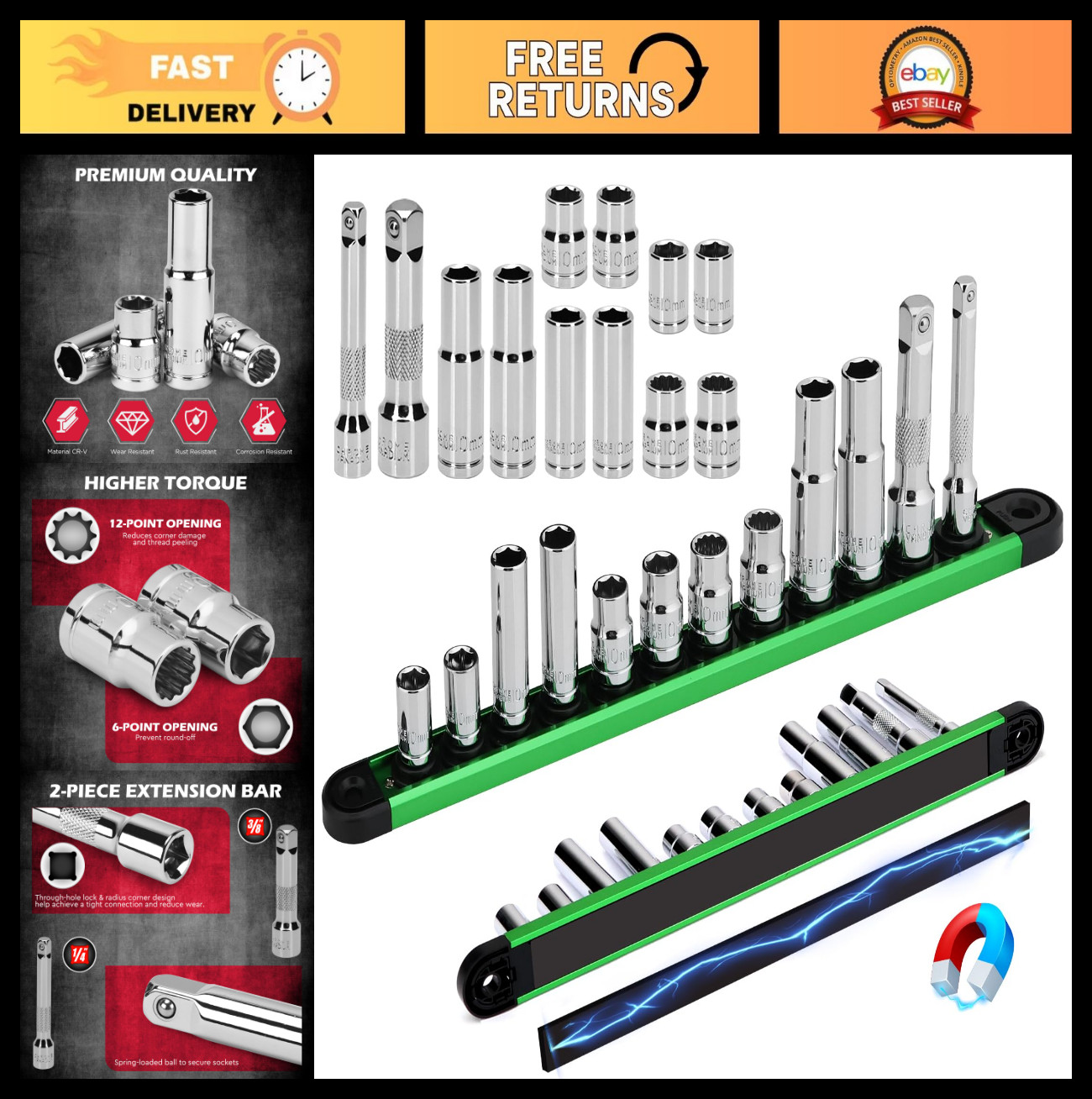 12-Piece 10mm Socket Set with Extensions, Deep & Shallow Sockets, Magnetic Rail