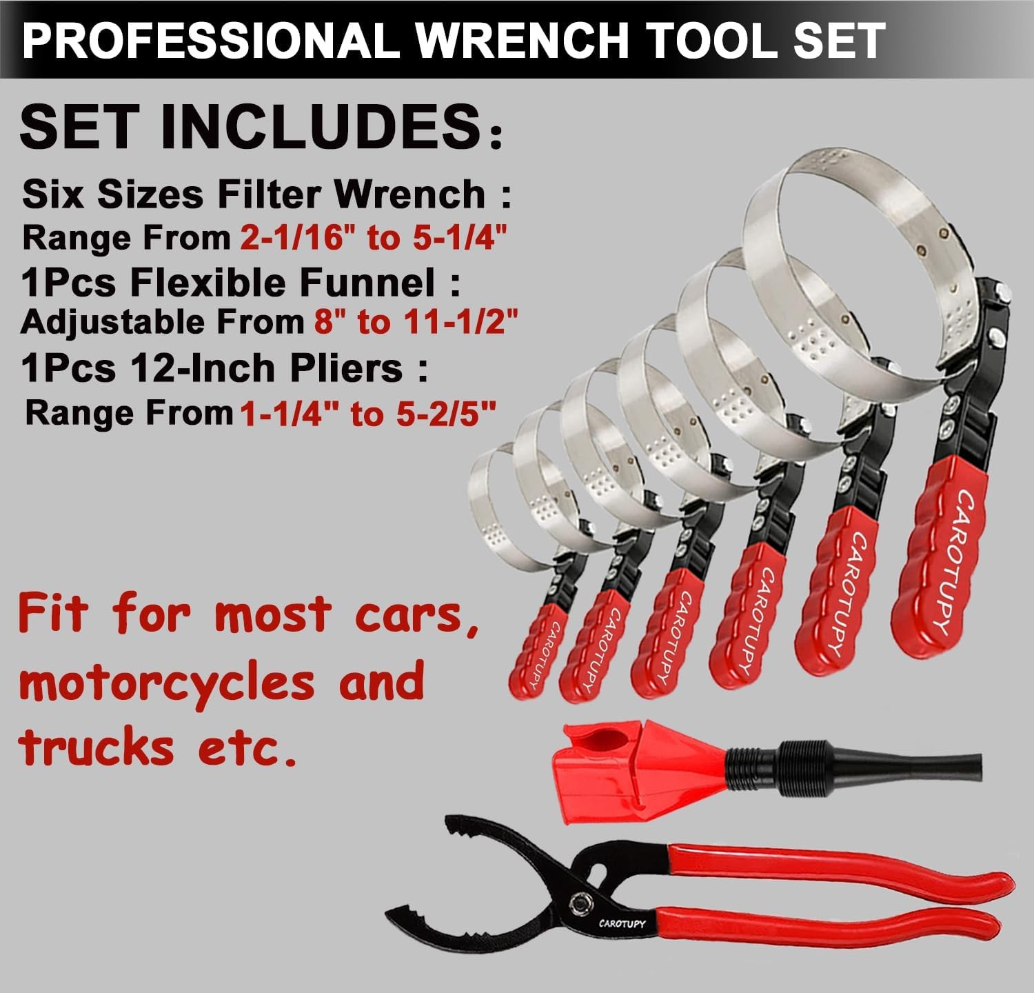 8pcs Oil Filter Wrench Set, 12″ Adjustable 8 PACK, Black&red&silver