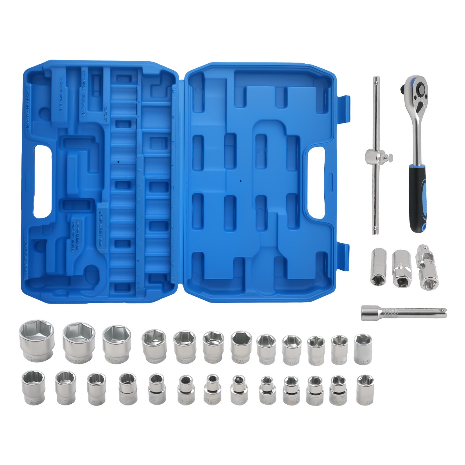 1/2″ Drive 32 Piece Socket Set 8-32mm 6/12 Point Ratchet Spark Plug Bar Kit