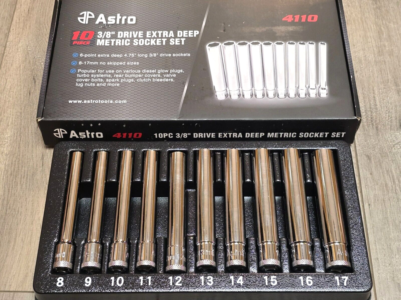 ASTRO 10pc Extra Deep (4.75″ Long) Metric Socket Set 8-17mm, 3/8″ drive #4110