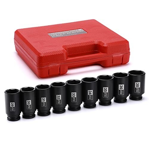 9PCS 1/2″ Drive Deep Impact Socket Set, Metric 29mm-38mm, 6-Point Axle Nut Tools