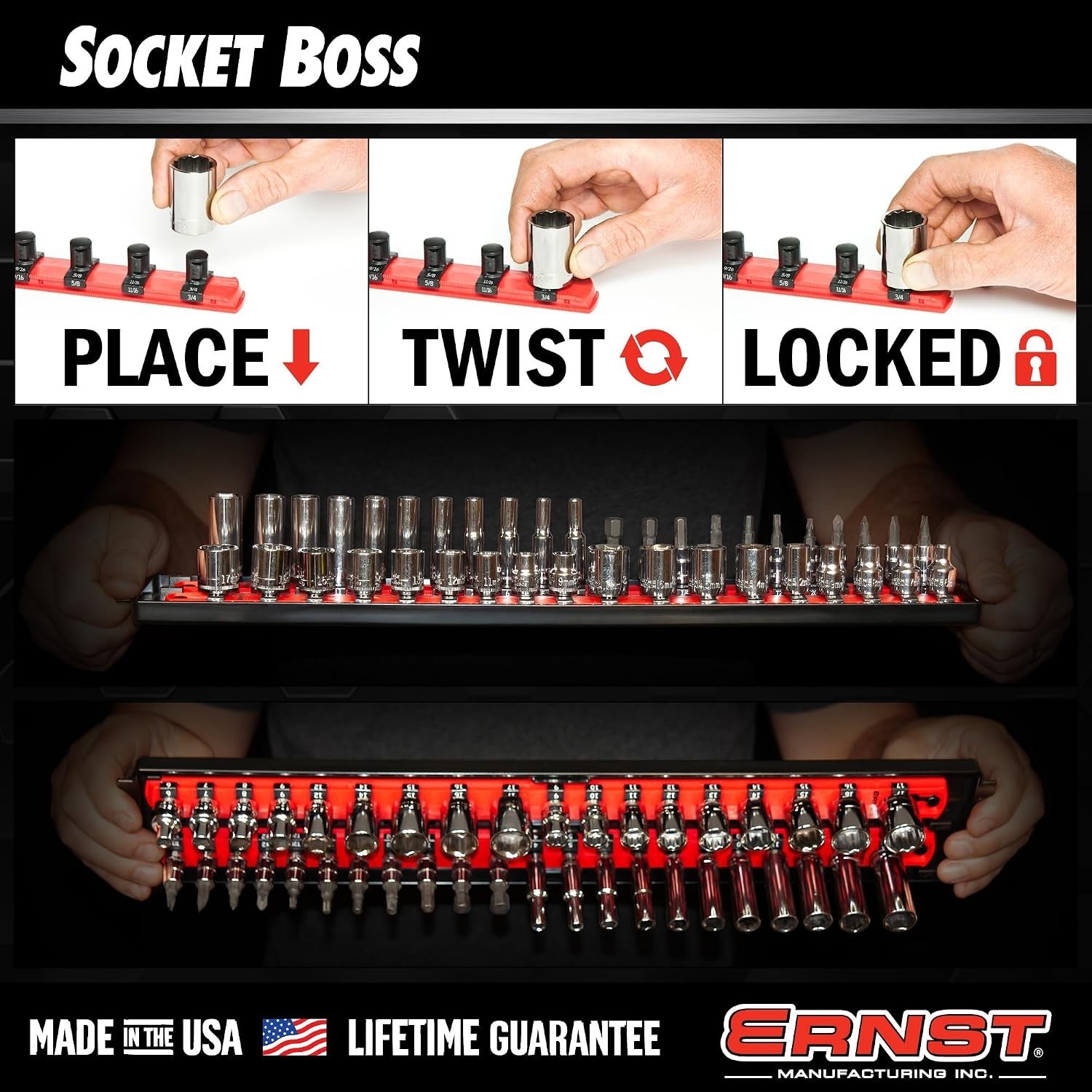 Socket Boss, 2-Rail 3/4-Inch-Drive Socket Organizer, 19-Inch, Red – Made in the