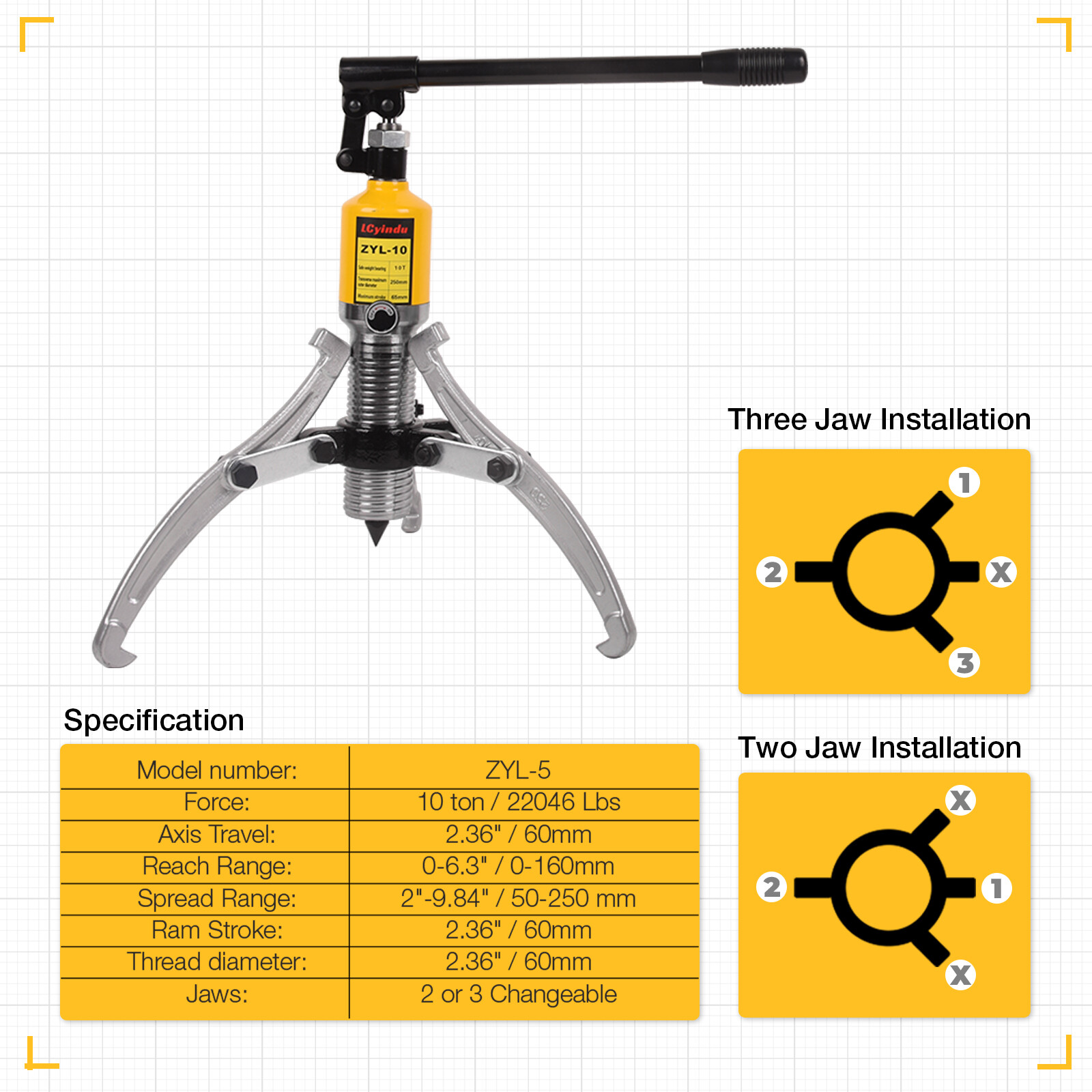 10Ton Hydraulic Gear Puller 2/3 Jaws Bearing Hub Separator Hydraulic Puller Tool