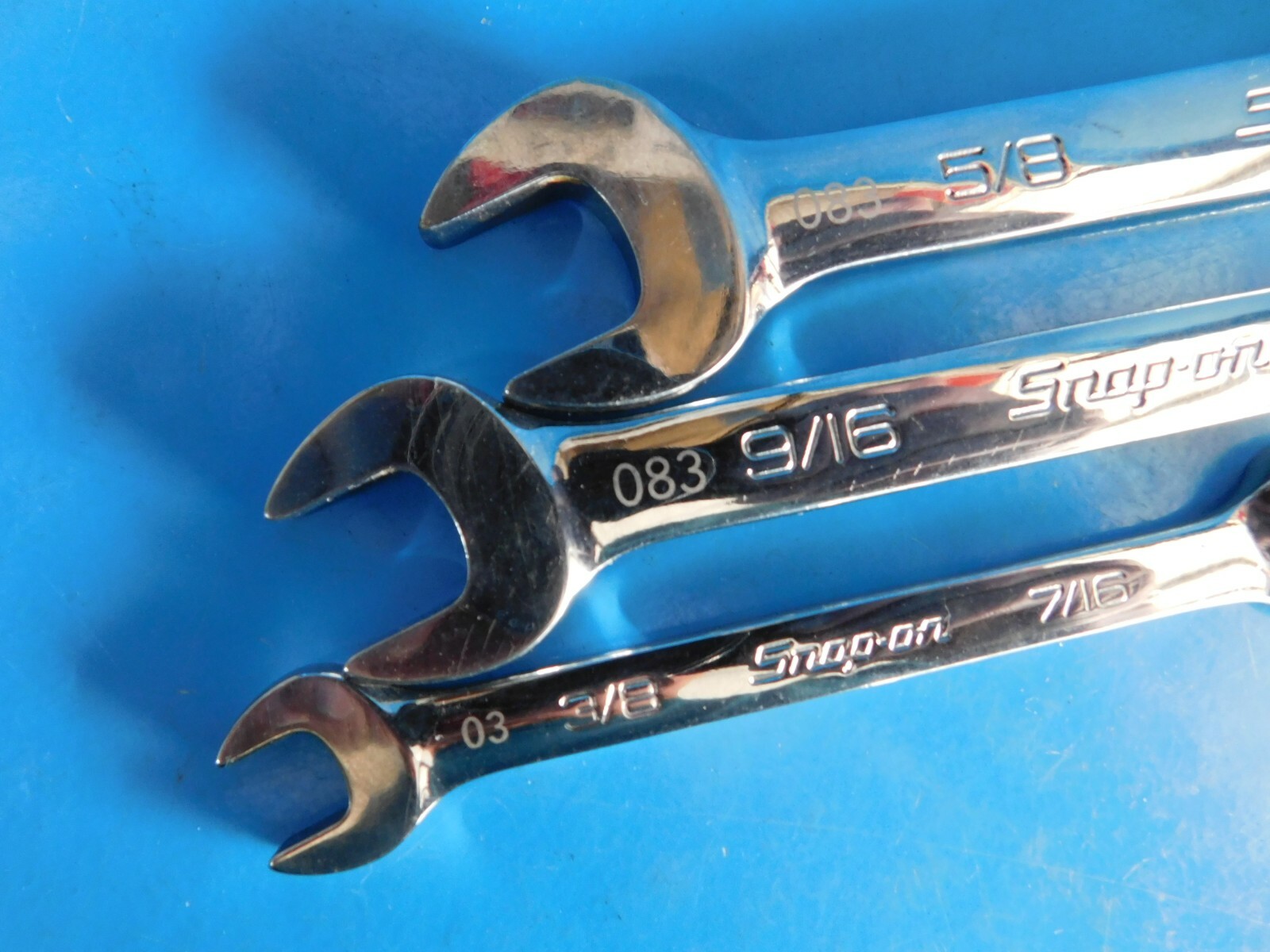 USED, SNAP ON TOOLS OPEN END WRENCH’S LOT OF (3) 3/8X7/16, 9/16X5/8, 5/8X3/4 IN