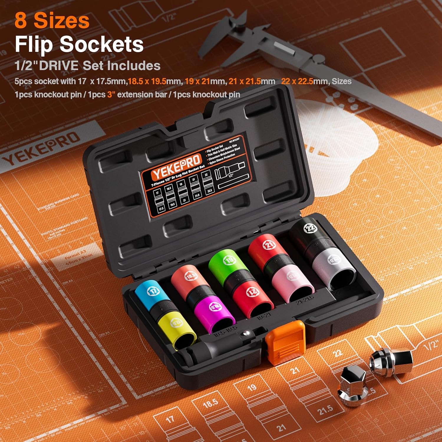 7PCS 1/2″ Drive Lug Nut Flip Socket Set 17-22.5mm CR-MO Impact