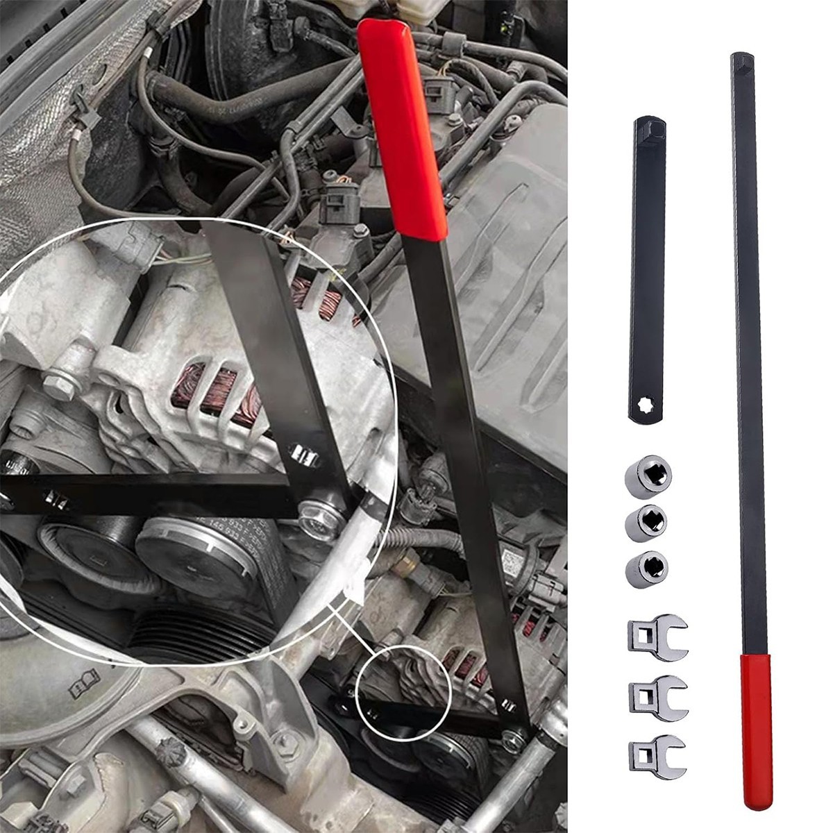 8PC Serpentine Belt Tension Tool 1/2″ 3/8″ Square Universal Belt Removal Wrech