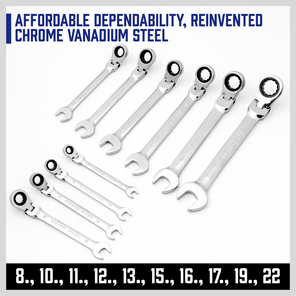 10pcs Flex-Head Ratcheting Combination Wrench Set 8-22mm Duo Metric Portable Bag