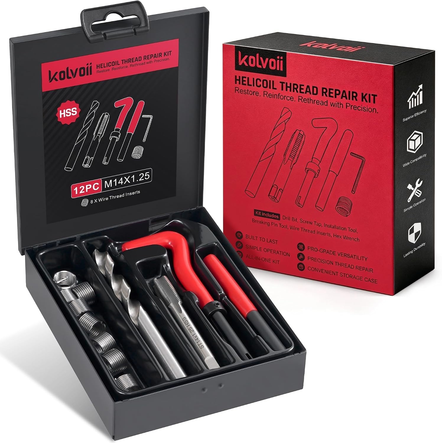 M14×1.25 Helicoil Thread Repair Kit for Spark Plug, Metric M14 Helicoil kit w…