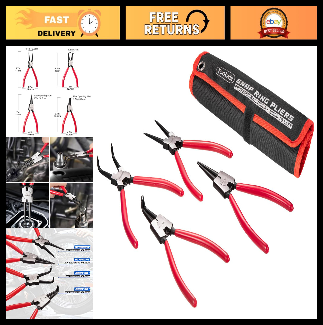 4Pcs Snap Ring Pliers Set – 7″ Internal/External Circlip C Clip Retaining Tools,