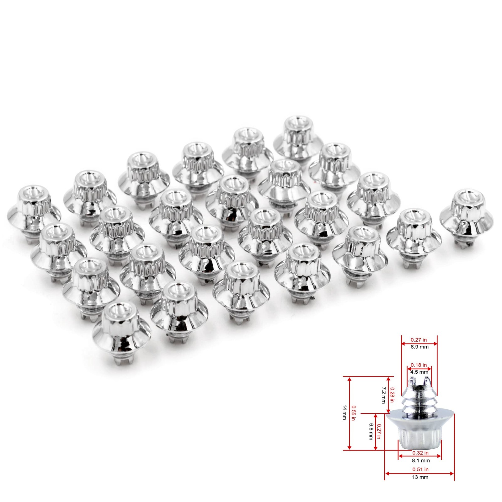 RTRHINOTUNING 50pcs Wheel Top Diameter 13mm, Thread 6.9mm, Chrome