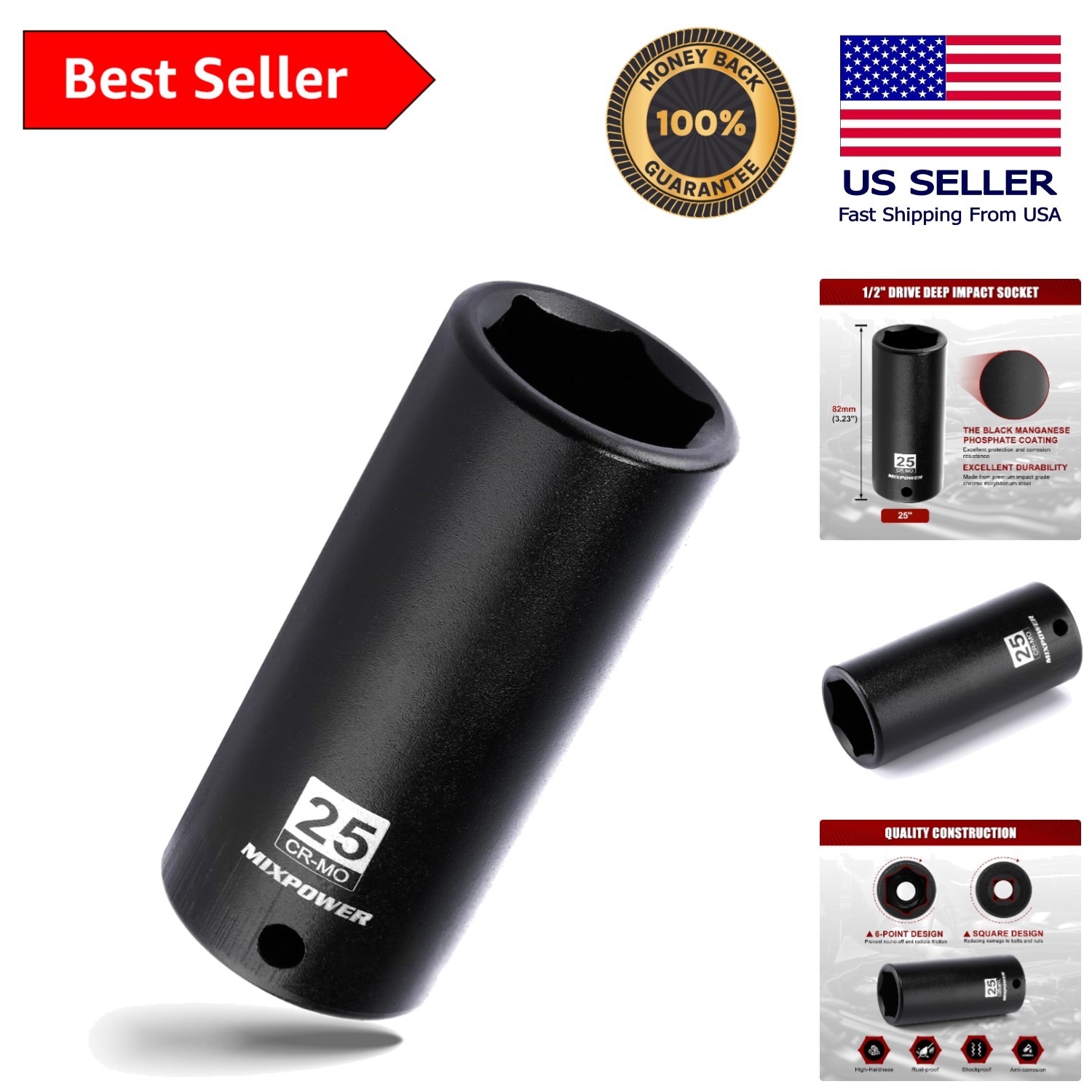 1/2″ Drive Deep Impact Socket, 25mm, CR-MO Steel for Automotive Repairs