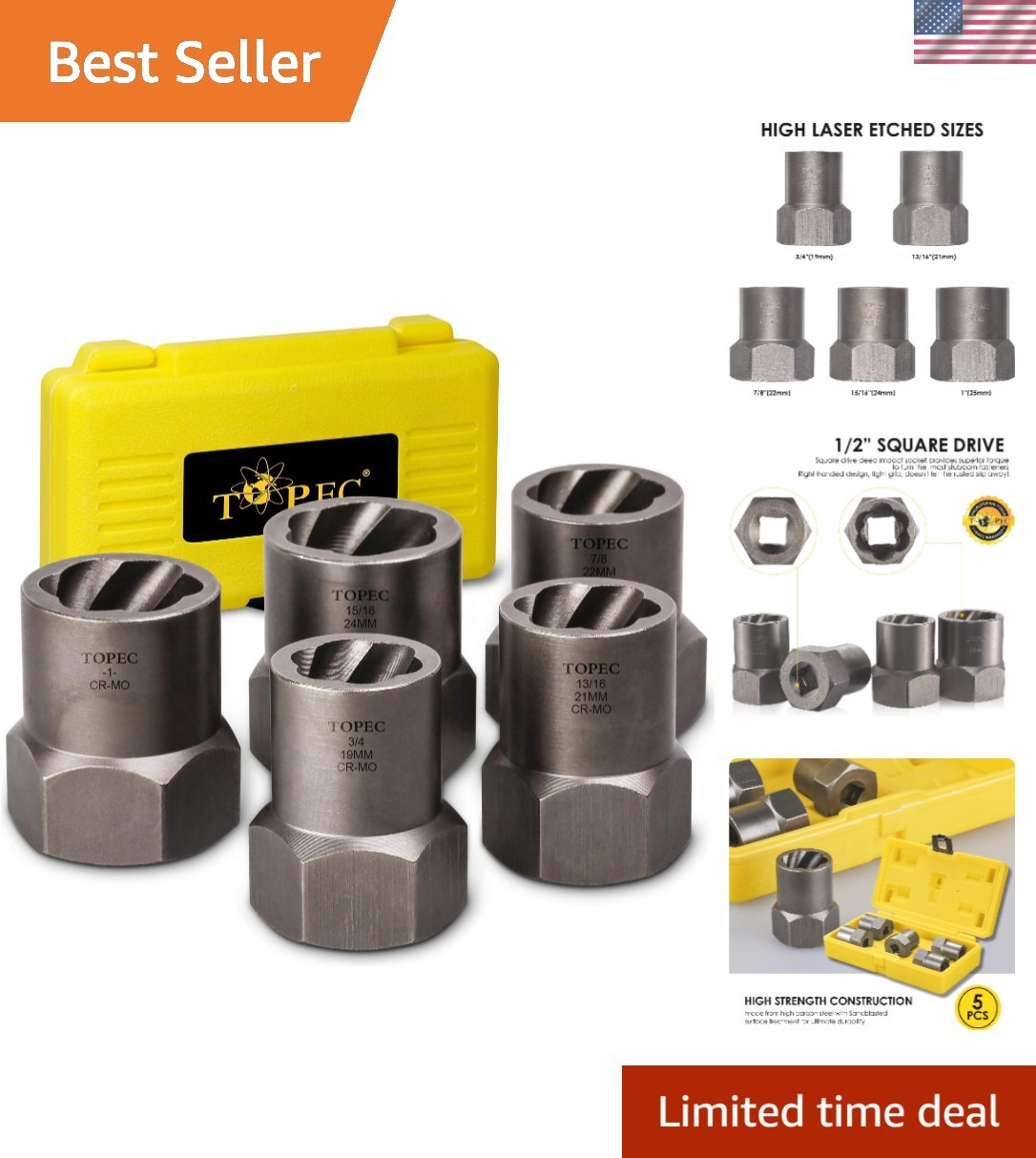 Chrome Molybdenum 5-Piece Impact Bolt Extractor Set – Rusted Bolt Remover