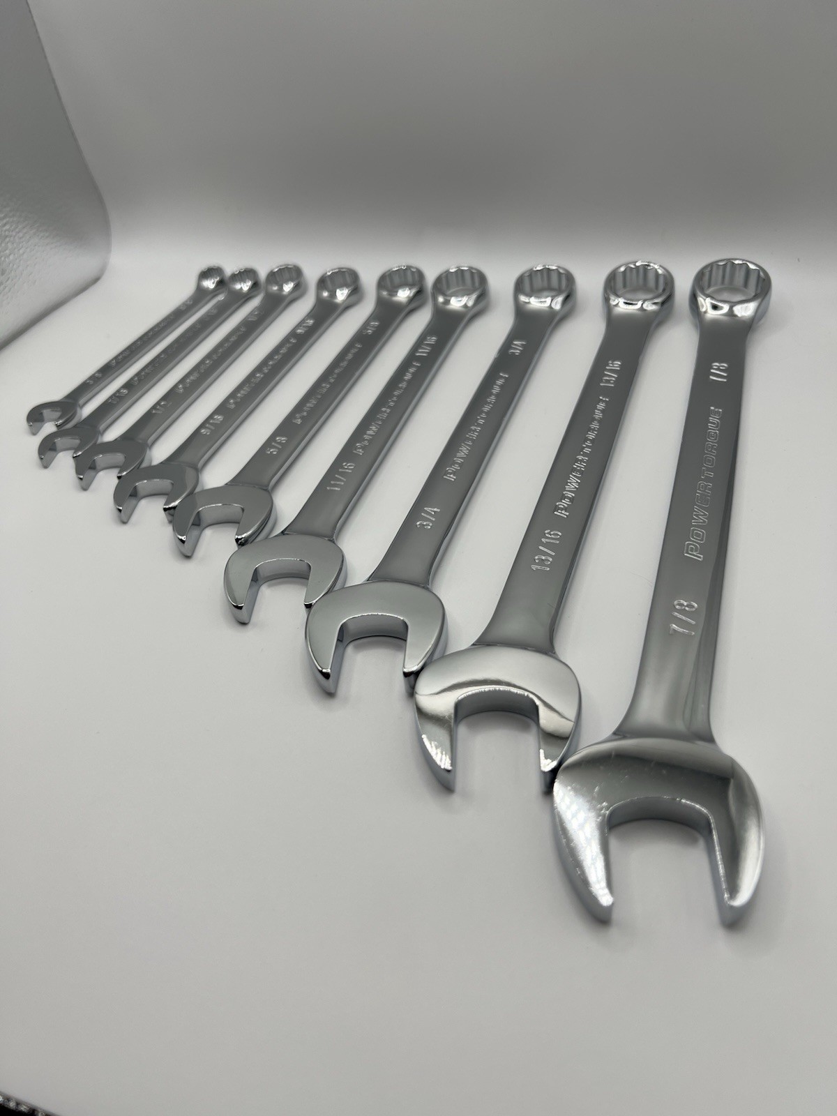 Power Torque 9pc Combination Wrench Set SAE 12 Point 3/8 to 7/8 Polished NOS