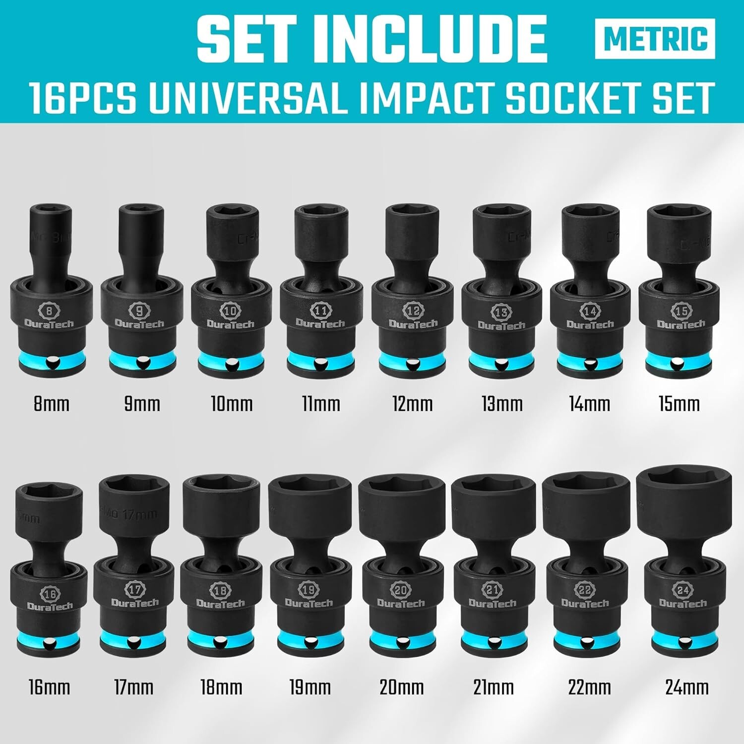 DURATECH 3/8″ Drive 16 Pieces Shallow Universal Impact Swivel Socket Set Metric