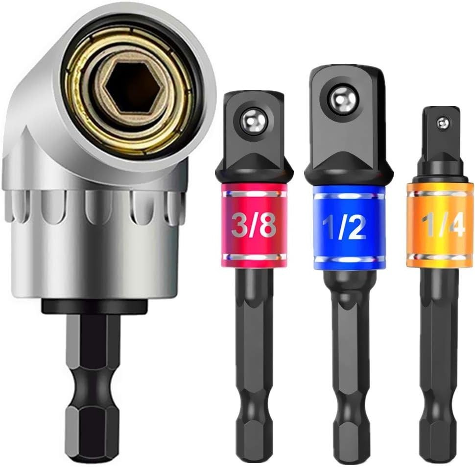 Versatile 1/4, 3/8, 1/2 Inch Hex Socket Adapters with Right Angle Extension Tool