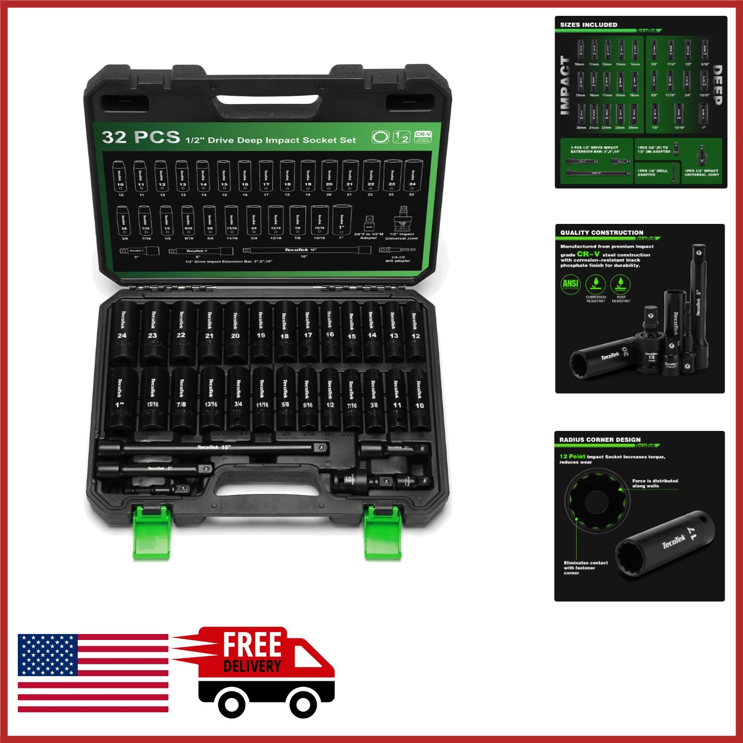 12-Point Impact Socket Set 1/2″ Drive 32-Piece for Automotive and Industrial
