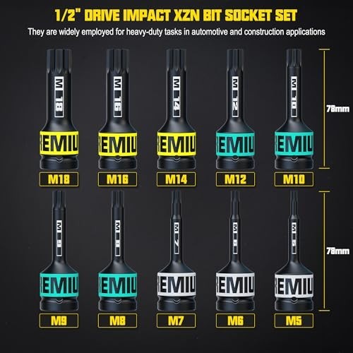 10-Piece 1/2″ Drive Impact Triple Square Bit Socket Set, M5-M18, Cr-Mo Steel
