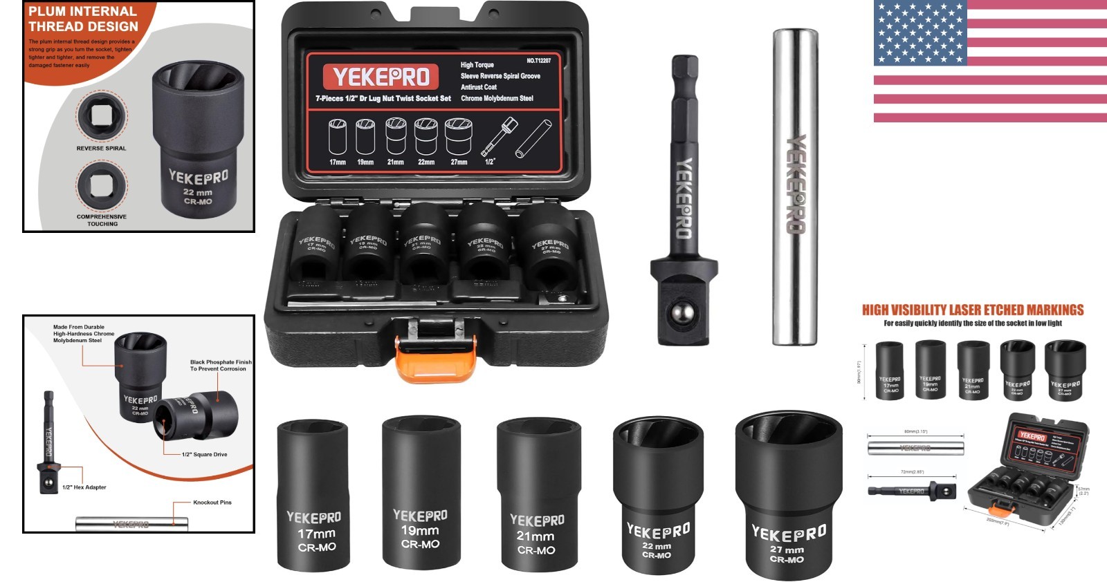 7-Piece Lug Nut Removal Tool Set – 1/2″ Drive Chrome Molybdenum Steel