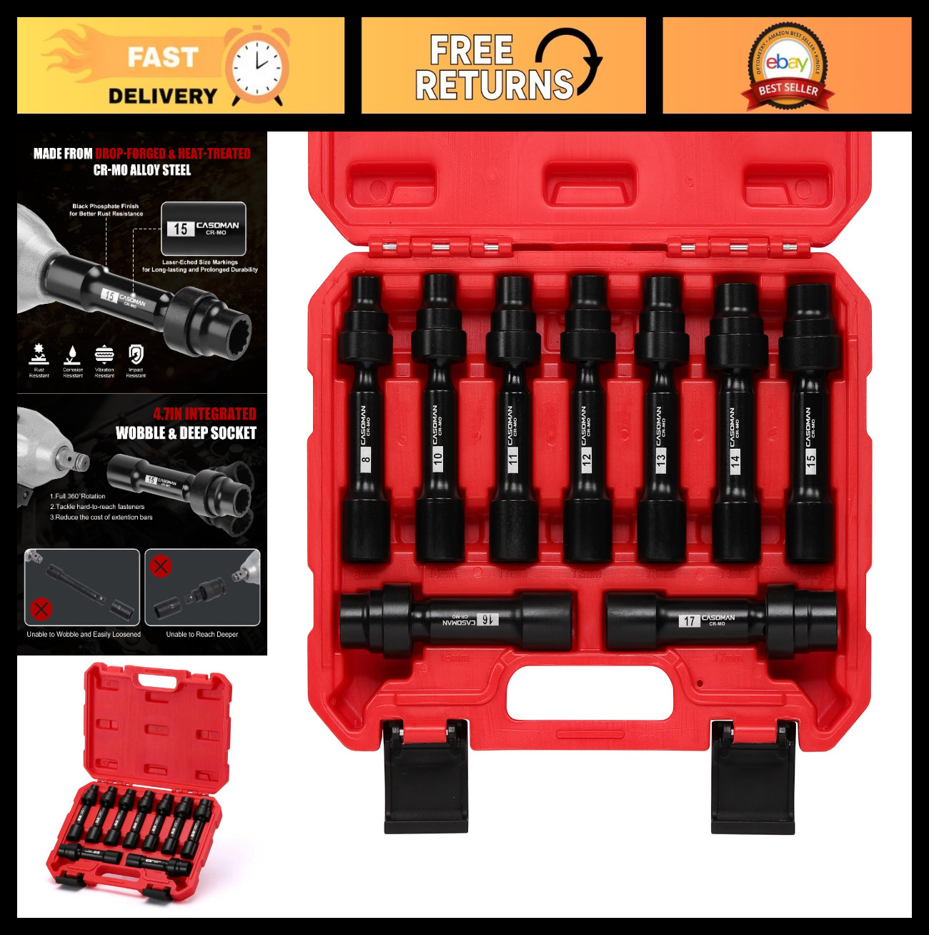 9-Piece 1/2″ Drive Deep Impact Swivel Socket Set, Metric 8mm-17mm, Cr-Mo Steel,