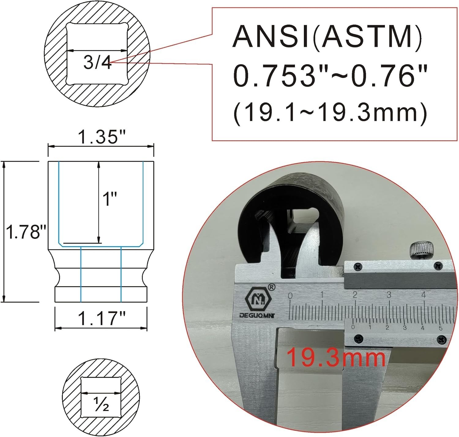 1/2″ Drive 3/4″ 4-Point Square Socket, Heat Treated Cr-V Alloy Steel