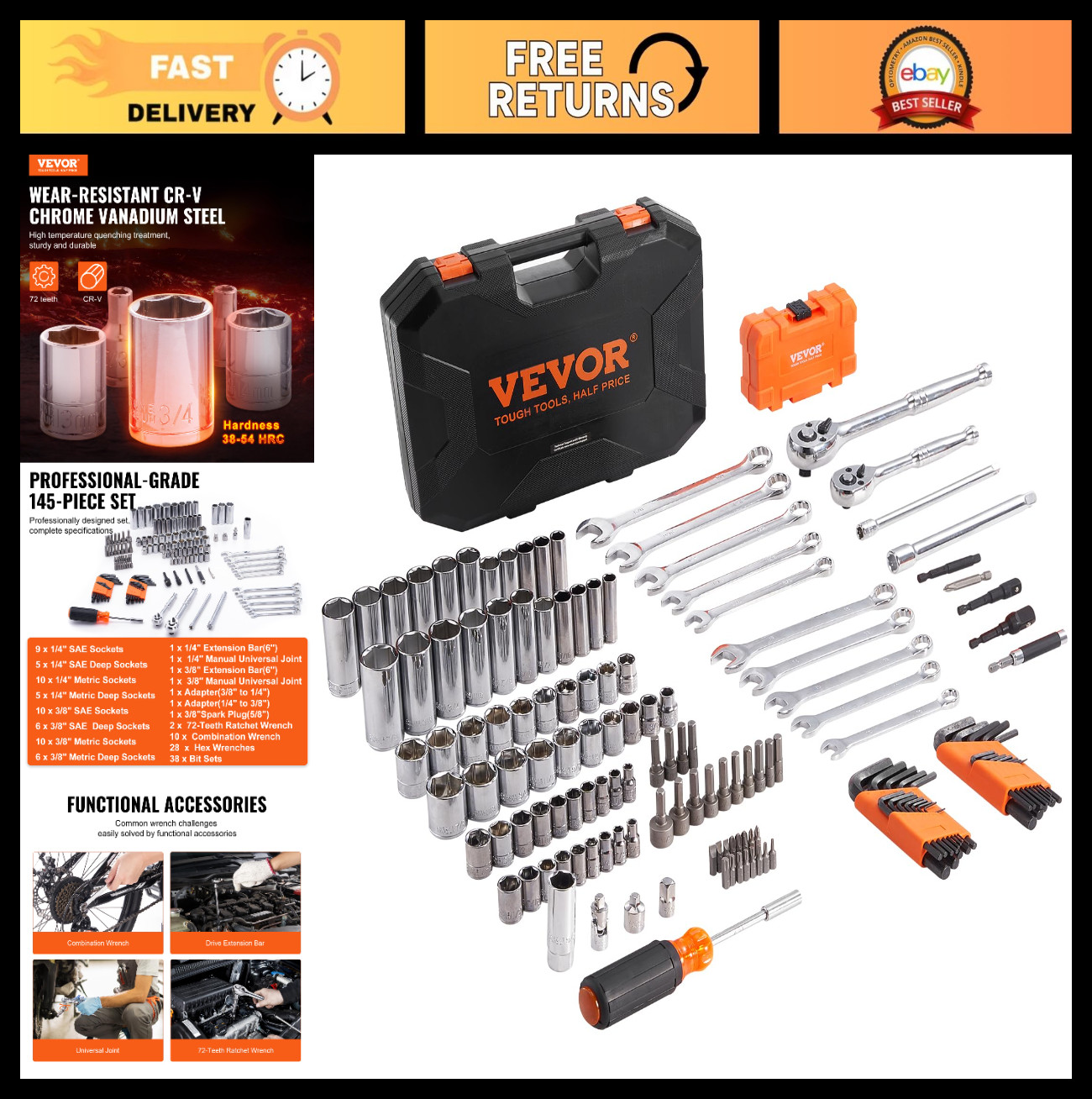 145 Pcs Mechanics Tool Set – SAE & Metric Sockets, Wrenches, Bits, Storage Case