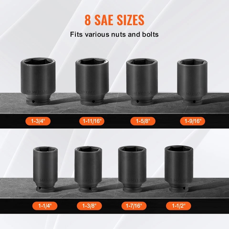 Axle Nut Impact Socket Set 1/2″ Drive Deep 6-Point 8PCS SAE Nut Socket