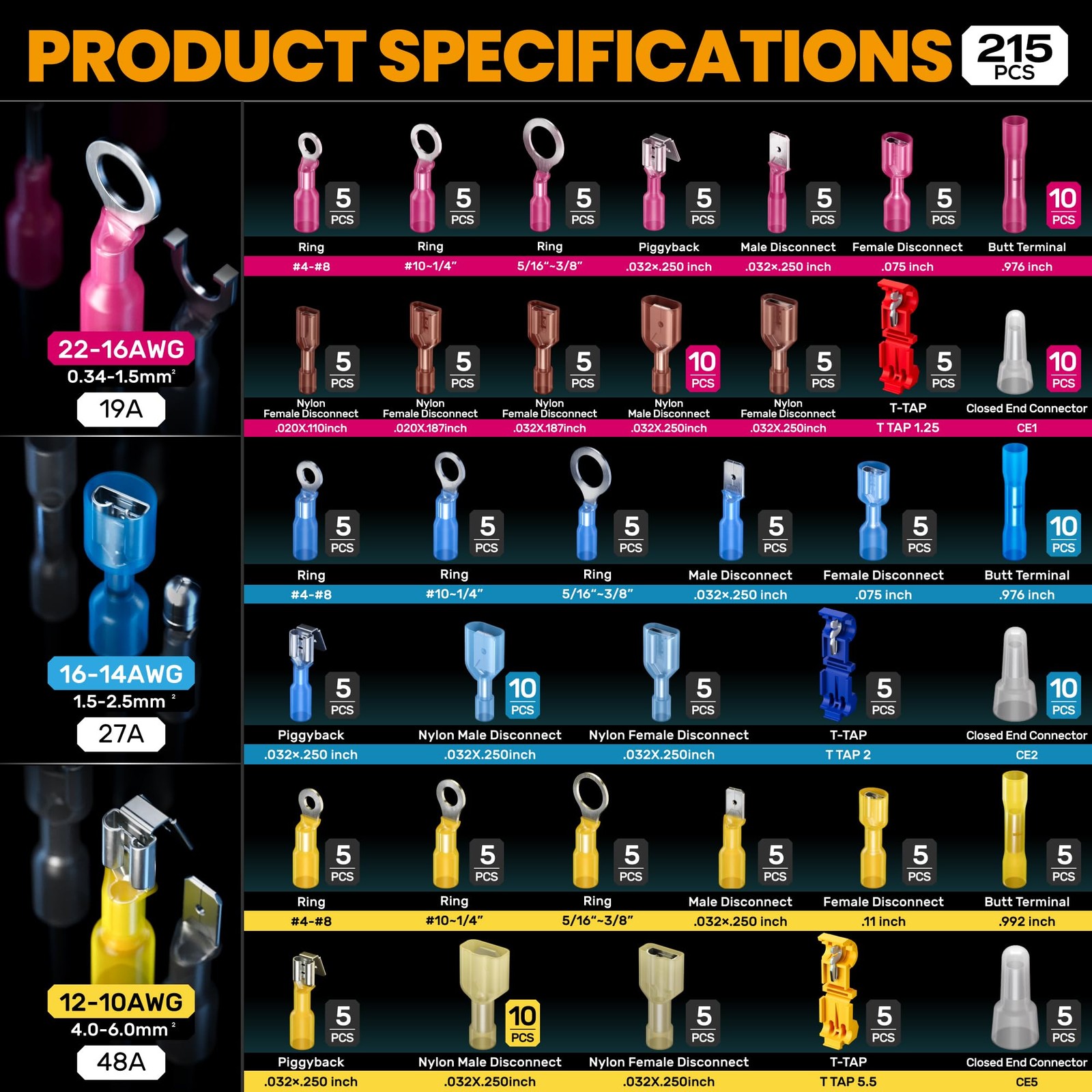 Crimping Tools Kit Heat Shrink Connectors AWG 22-10 Marine Box Red Blue Yellow