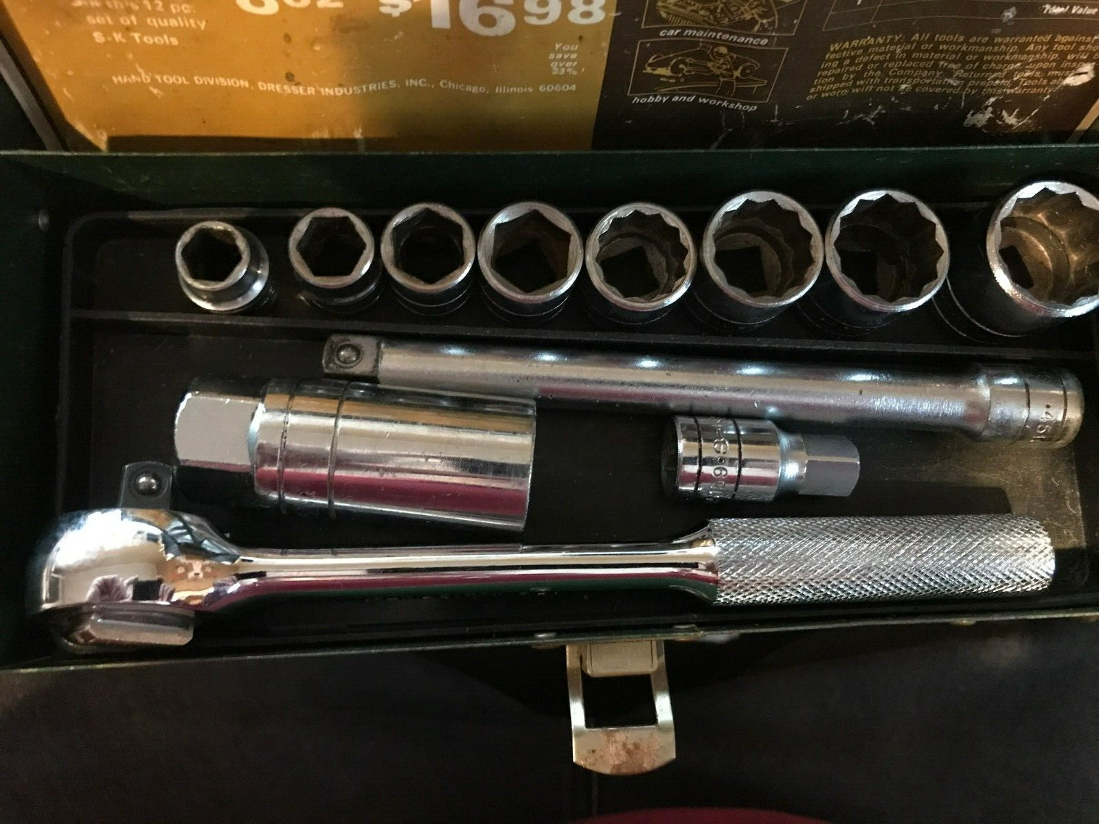 Vintage S-K SK Tools- 3/8” Drive Socket Set #4512 w/ 12 Pieces & Metal Case USA!