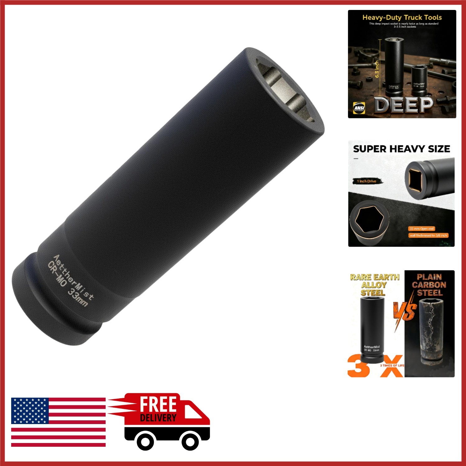 Deep Axle Nut Socket 33mm for Truck Maintenance, Chrome Molybdenum Steel