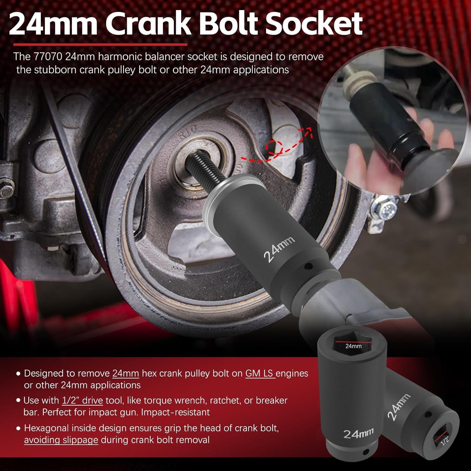 77070 24mm Crank Bolt Socket – Impact Tool for GM LS Engines, Heat-Treated Steel